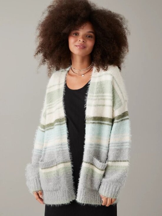 American Eagle Outfitters Sweaters - American Eagle AE Whoa So Cozy Fuzzy Cardigan Grey Multi Medium #A3176
